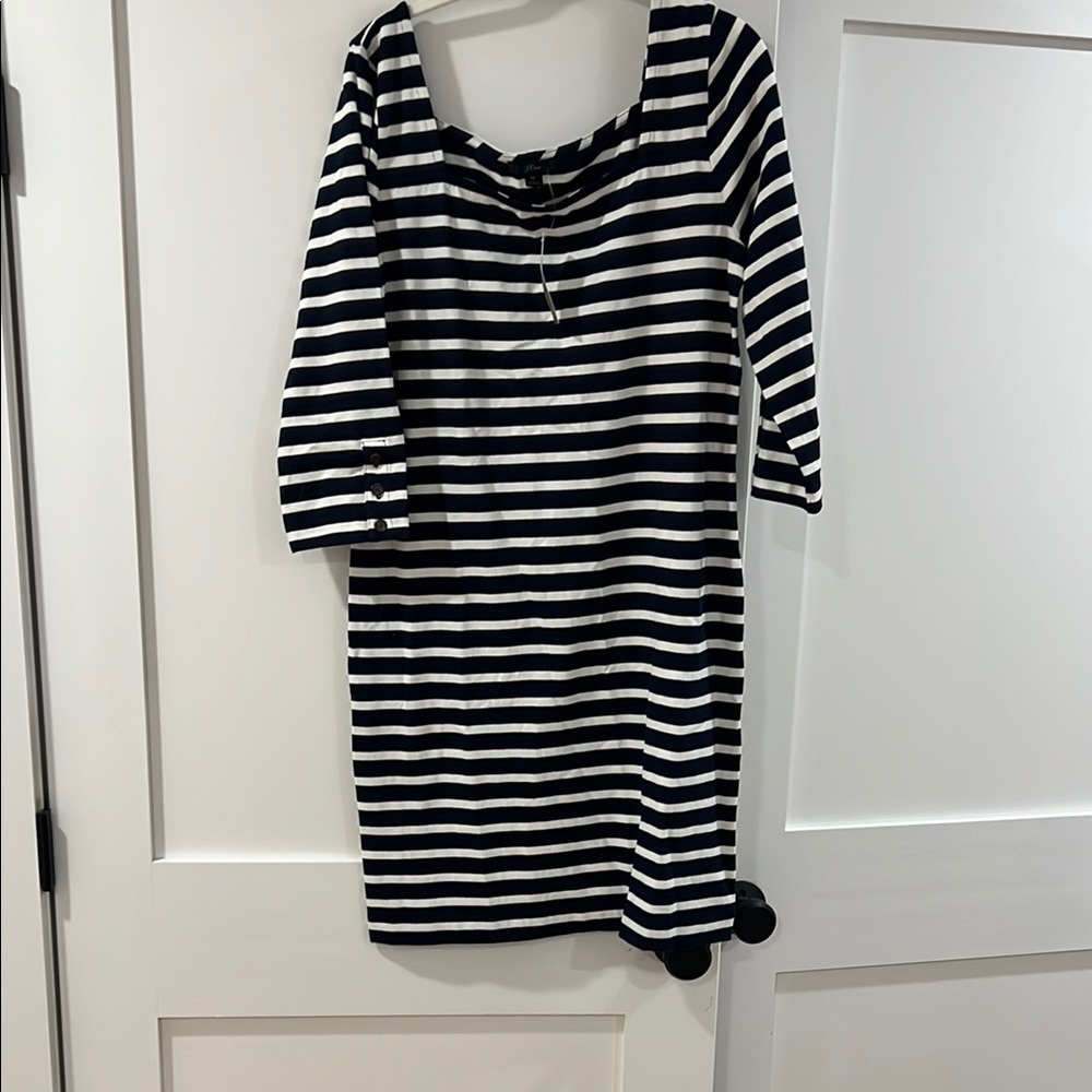 J. Crew Navy and White Striped 3/4 Sleeve Dress. Size 12
